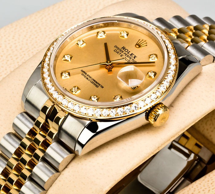 Rlx Date Watch Men Champagne Diamond Dial Bezel Two Tone Jubilee