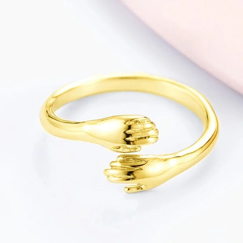 Bamoer 925 Sterling Silver Embrace Ring Hug Warmth and Love Women 18 K Metal Texture Gold Adjustable Ring